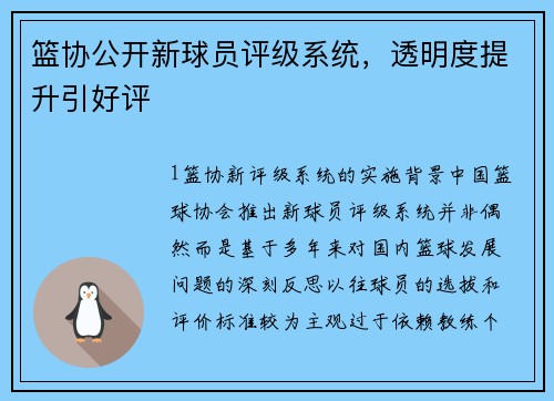 篮协公开新球员评级系统，透明度提升引好评